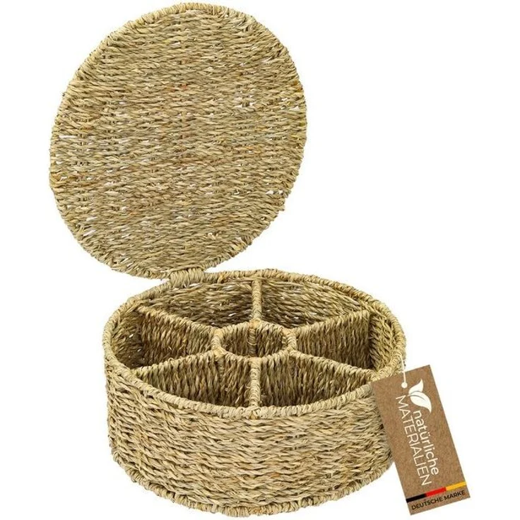 HMF Teebox Teebox für Teebeutel geflochten aus Seegras, Seegras, Tee Aufbewahrungsbox mit 7 großen Fächern, 27 x 27 x 11 cm – Bild 4