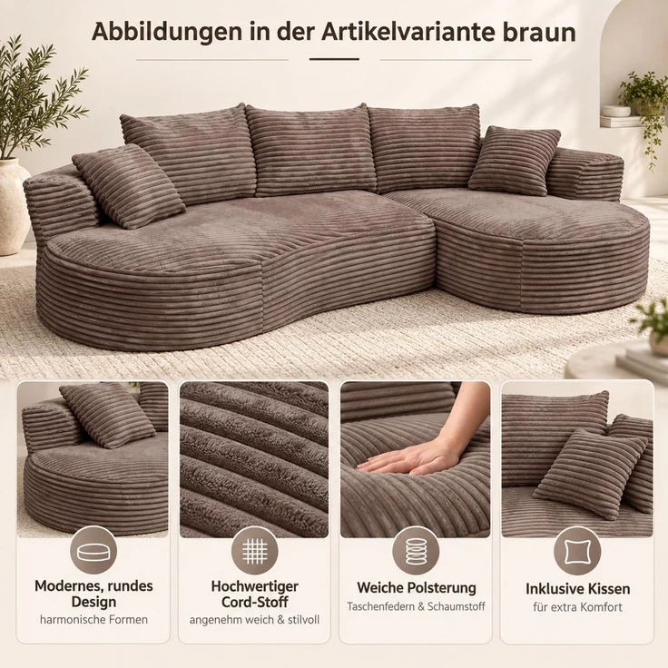 Sofa-Garnitur HWC-P19, 3-Sitzer Couch Loungesofa, Stoff/Textil Cord (370 g/m²) Liegefläche rechts ~ weiß – Bild 2