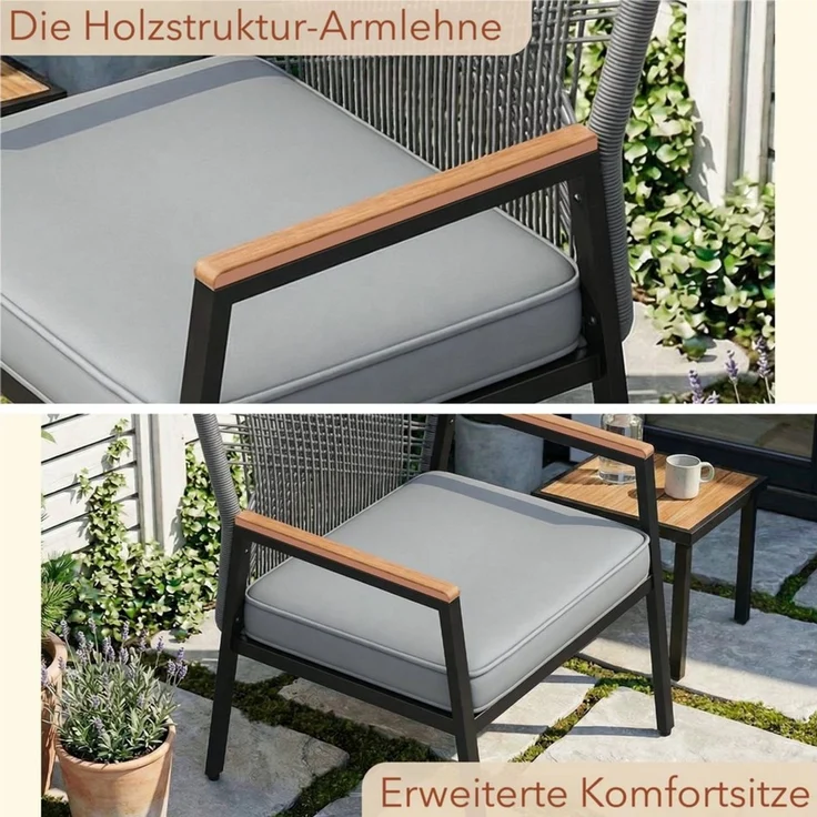 TLGREEN Gartenstuhl Eisen-Rattan Gartensessel,verbreiterter Sitz, (Balkonstühle Metall und Rattan, mit 8 cm dicken Sitzkissen, 3 St), 160 kg Belastbar für Terrasse, Garten und Veranda – Bild 4