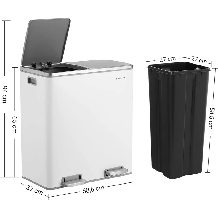 Songmics Mülleimer mit 2 Fächern und Softclose, luftdicht inkl. Müllbeutel, Metall, 60 (2x30) Liter, Weiß – Bild 5