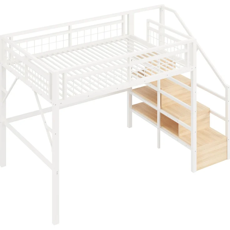 CHICFURN Hochbett Metall und MDF Weiß 140x200 cm mit LED-Beleuchtung und Stauraumtreppe – Bild 7
