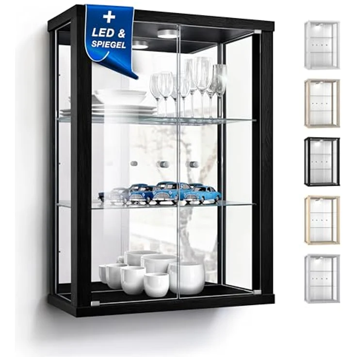 K-Möbel Hängevitrine, Schwarze Glasvitrine mit 2 Fächern, Rechteckig, 60x80x25 cm für Wohnzimmer und Wohnwände – Bild 1