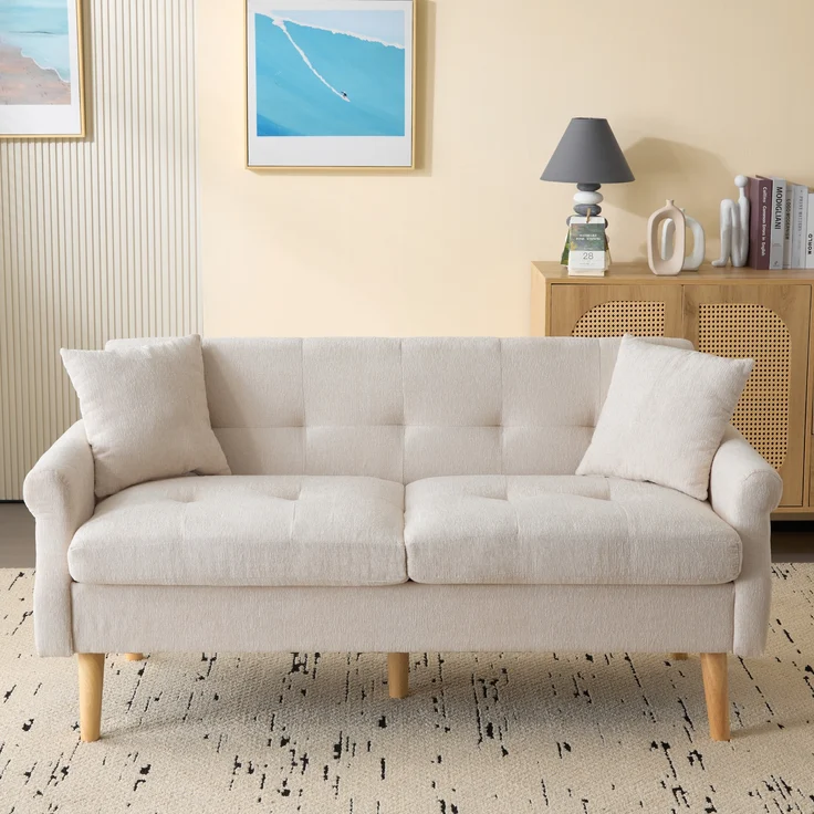Chenille Kompaktsofa mit Federkern & hohen Massivholzfüßen, 162x74x77 cm, Beige – Bild 1
