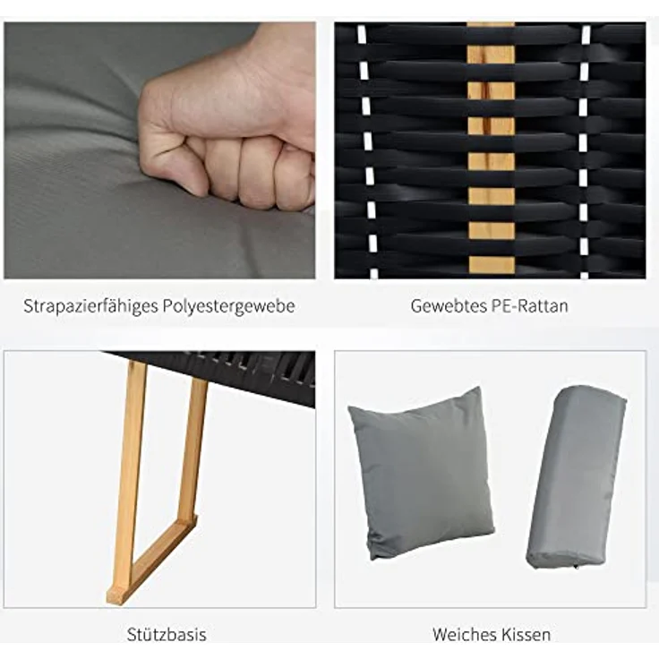 Outsunny Strandkorb mit Klapptisch, Volllieger Gartenliege aus PE Rattan, verstellbare Rückenlehne, hellgrau – Bild 6