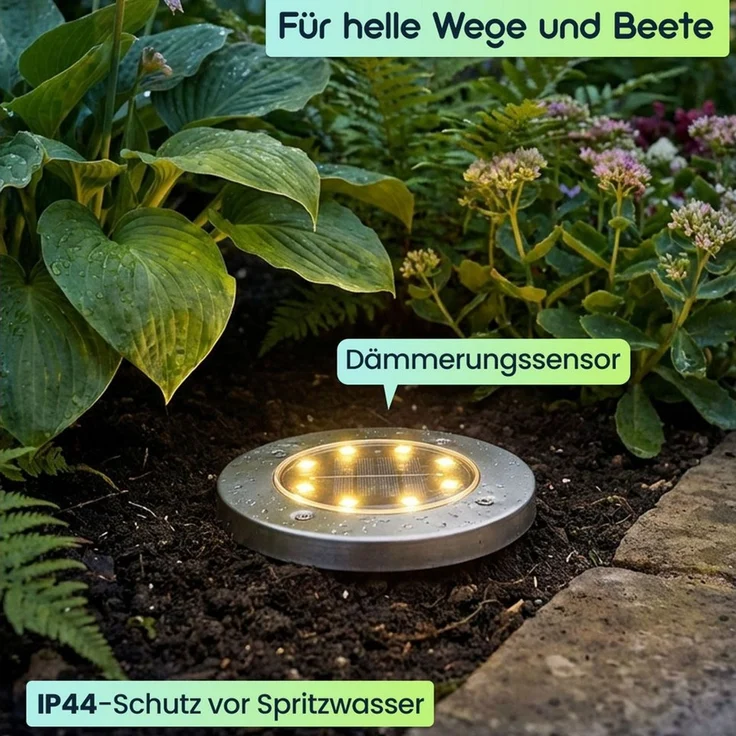 Casativo Gartenstrahler Solar-Bodenstrahler 200lm IP44 Erdspieß Garten-Außenleuchte Ø 11,5cm, LED fest integriert, 8-LEDs je Strahler, Wegleuchte, Dämmerungssensor & 6-8h Leuchtdauer – Bild 4