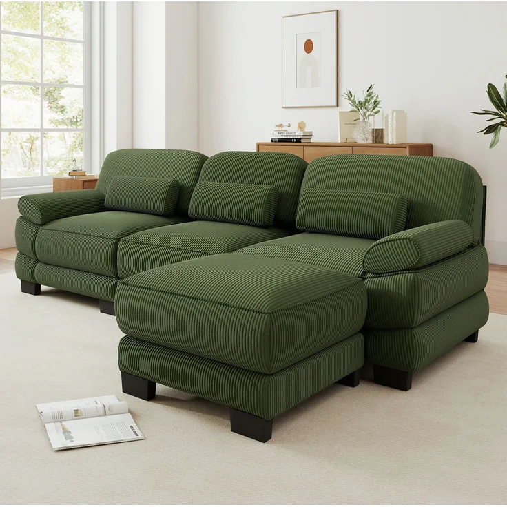 Modulsofa 265x161x94 cm in Grün mit Cordbezug, Hocker und flexibel kombinierbaren Elementen – Bild 3