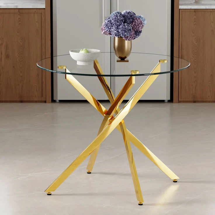 Esstisch 88x75 cm aus gehärtetem Glas und Metallgestell in Gold – Bild 2