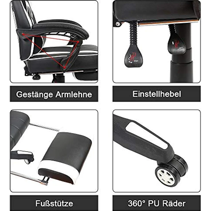 Gamingstuhl Weiß/Schwarz Chefsessel Drehstuhl Bürositz Schreibtisch Fußstütze – Bild 4