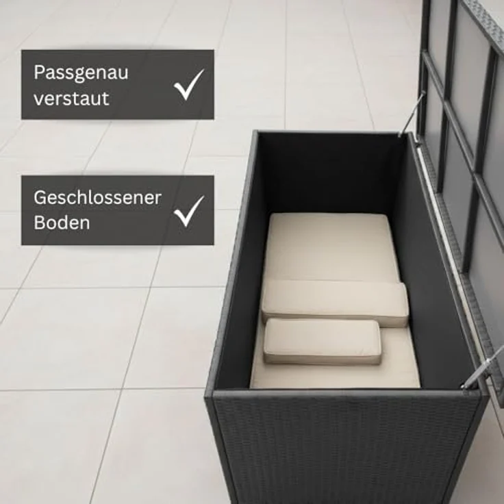 RS Trade 'Sienna' XL Kissenbox mit Doppel-Hubautomatik und Innenverkleidung, ca. 650 Liter, Polyrattan grau-silber, 60 x 73 x 155 cm – Bild 4
