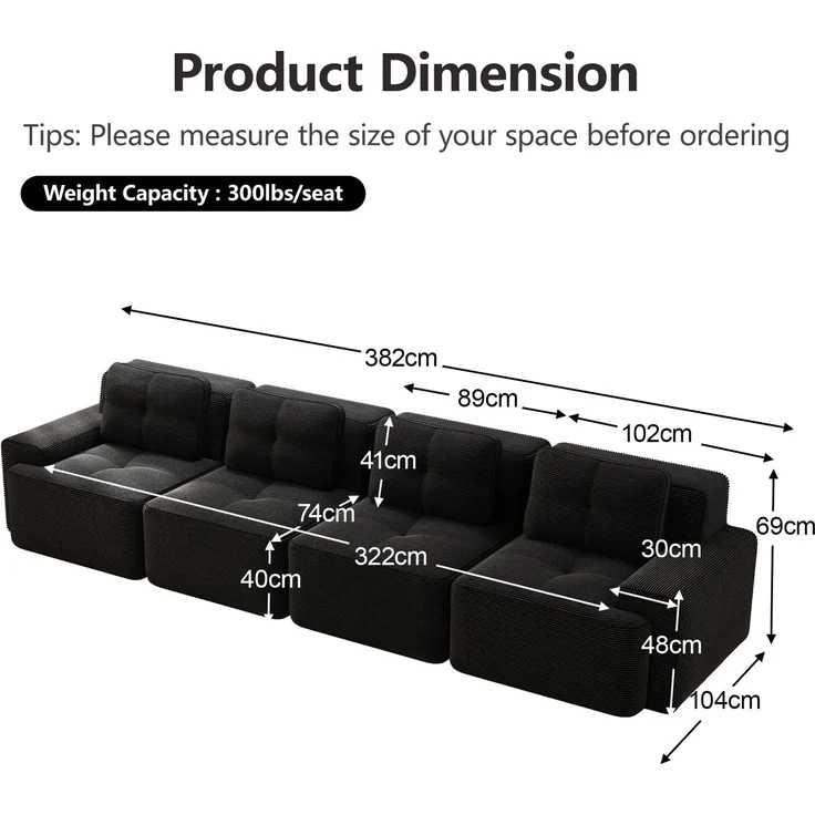 Modulares Sofa aus Cord mit boneless Design, schwarz – Bild 4
