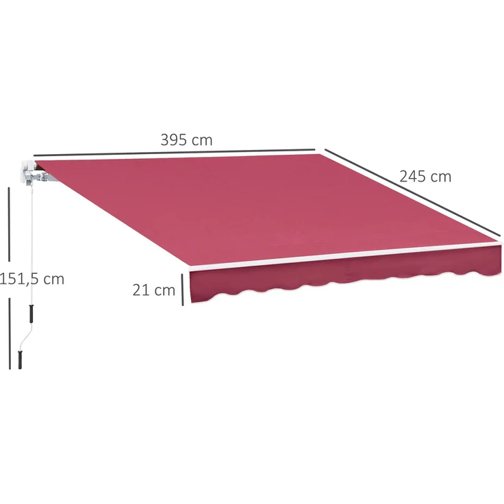 JARDJ Manuelle Markise 395 x 245 cm mit Kurbel, Balkon-, Terrassen- und Balkonmarkise, Aluminium und Polyestergewebe 280 g/m², UV-beständig, rot – Bild 5
