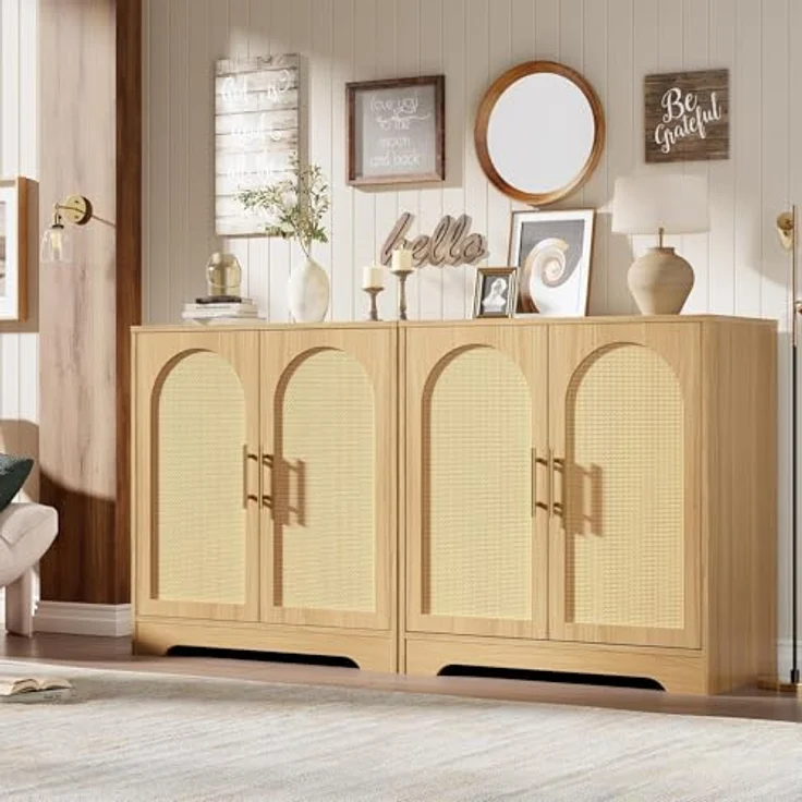 GarveeHome 2-Stöckiges Sideboard Mit Rattantüren, Buffetschrank Mit Metallgriffen, Für Esszimmer Und Wohnzimmer, 76,2 x 39,6 x 80 cm – Bild 6