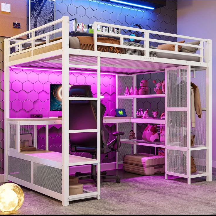 U-life Metall-Hochbett 140x200 cm mit Schreibtisch, offenem Kleiderschrank, LED-Beleuchtung und USB-Ladestation, Weiß – Bild 1
