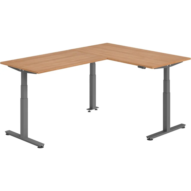 bümö Eckschreibtisch elektrisch höhenverstellbar L-Form: 160 x 220 cm in Nussbaum, Gestell graphit - Stehschreibtisch mit Memory-Steuerung, elektrischer XXL Schreibtisch für die Ecke, XDSMW-1614-N-G – Bild 1