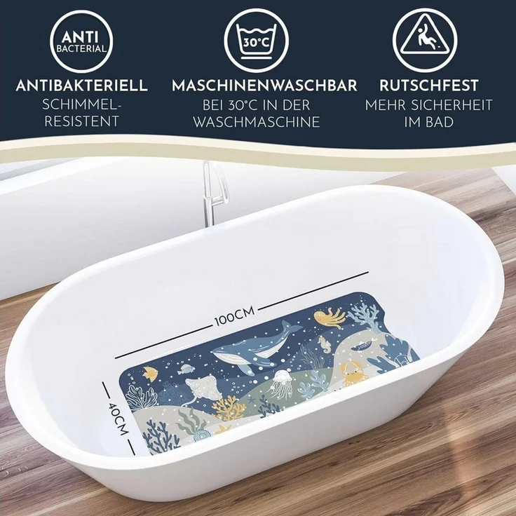 Homerella Badematte rutschfest Kinder - 100% BPA frei Inkl. 2 Haken zum Aufhängen 100x40cm, Antirutschmatte Badewanne Baby hautsensitiv & schimmelresistent, Badewannenmatte rutschfest & waschbar – Bild 2