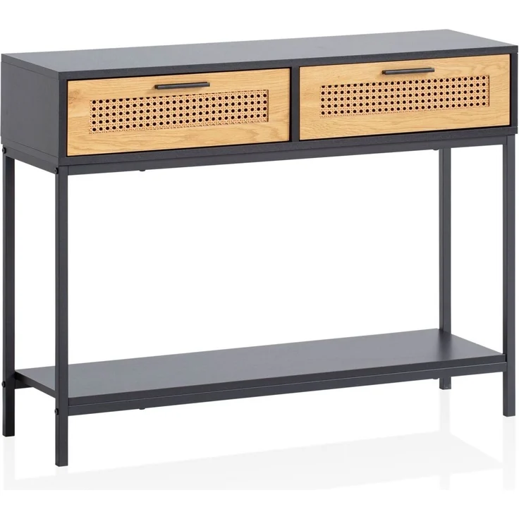 Konsolentisch Schwarz 100x30x75cm Wiener Geflecht Schubladen Ablage Rattan Flur