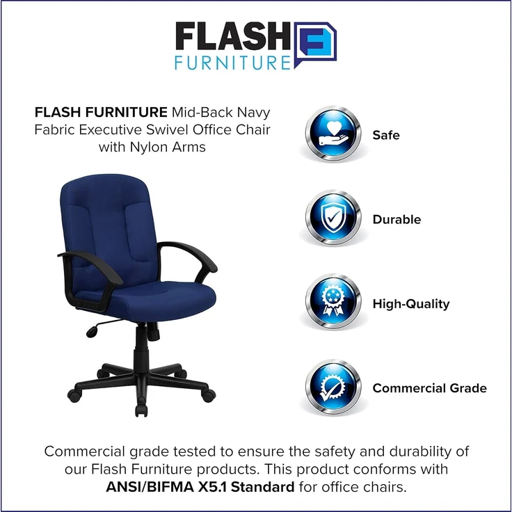 Flash Furniture Garver Bürostuhl mit mittelhoher Rückenlehne, Marineblau, Stoff mit Nylon-Armlehnen – Bild 4