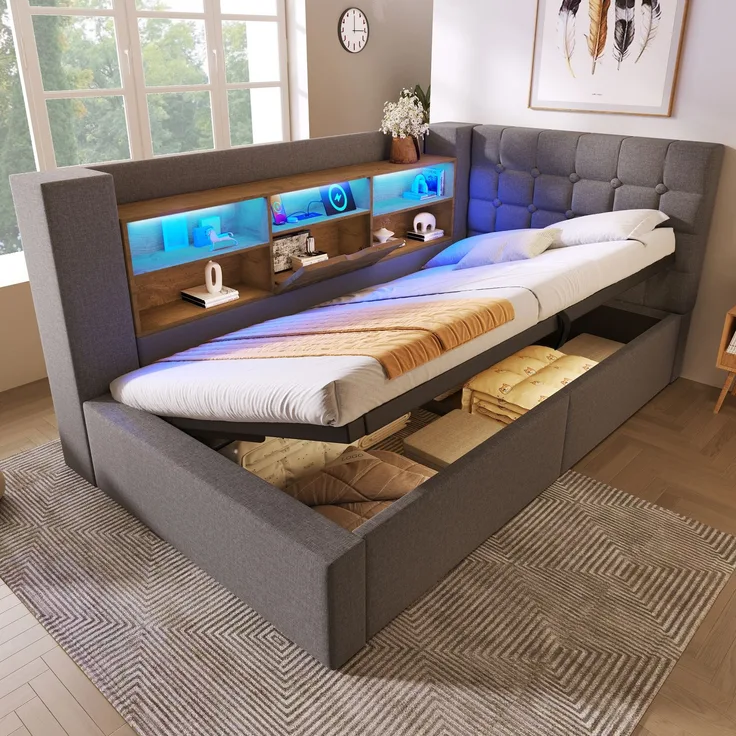 Polsterbett 90x200 cm Einzelbett mit LED-Beleuchtung, hydraulischem Stauraum, L-förmigem Kopfteil mit Stauraum, beidseitig montierbar, Grau