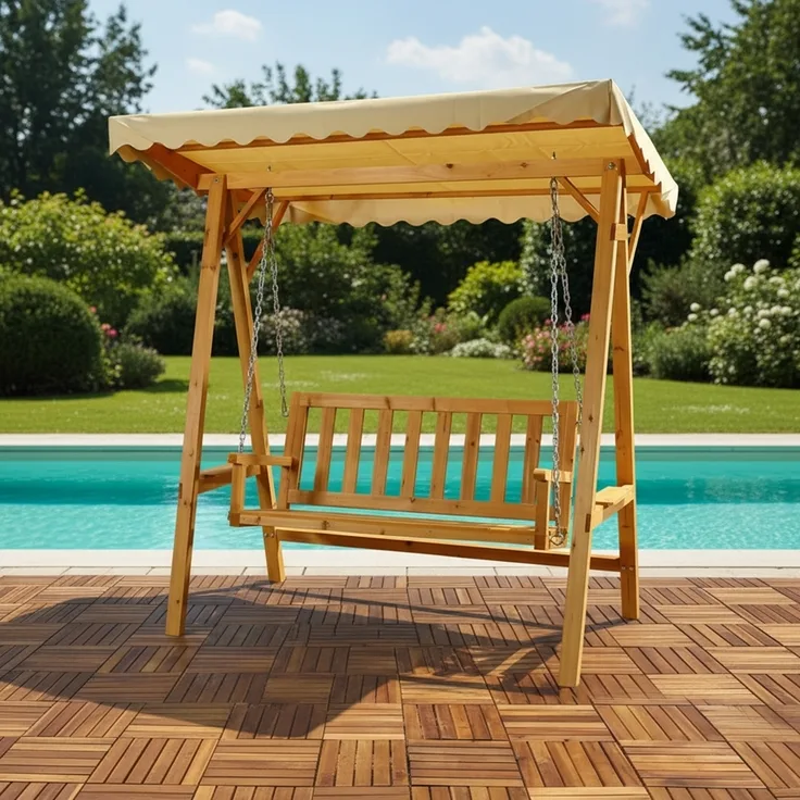Hollywoodschaukel Natur/Beige Holz Gartenbank Outdoormöbel Hängeliege Sonnendach