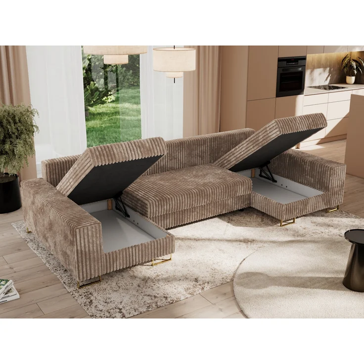 U-förmiges Ecksofa auf goldenen Metallbeinen, mit Schlaffunktion und drei Bettkästen für das Wohnzimmer - DORIAN U - Braun Cord – Bild 3