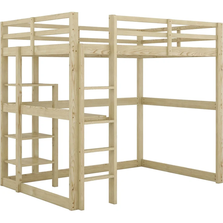 Hochbett 140x200 cm mit Schreibtisch und 4 Ablagefächern, Kinderbett Doppelbett aus massivem Kiefernholz,mit Stauraum,Natur – Bild 6