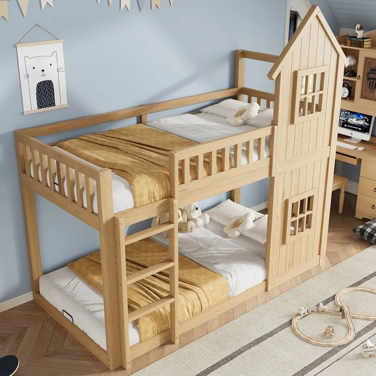 Etagenbett mit Rausfallschutz, Trittleiter und Lattenrost, 90x200 cm, Kinderbett, Kiefer – Bild 1