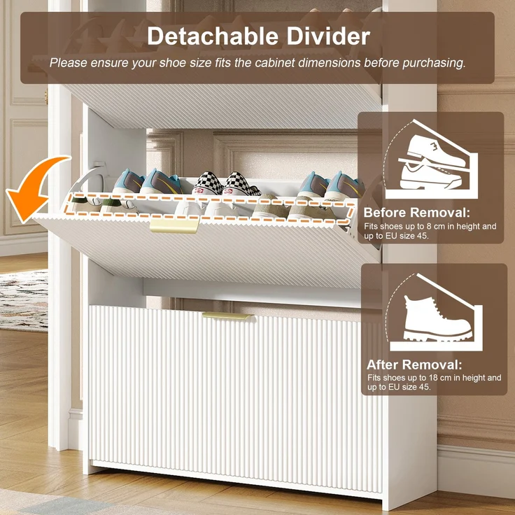 ZUBALIYA Schuhschrank (80 x 25 x 135 cm), 3 Klappfächer und 2 Schubladen, Aus Spanplatte, Stauraum für Flur und Eingangsbereich, Weiß – Bild 10