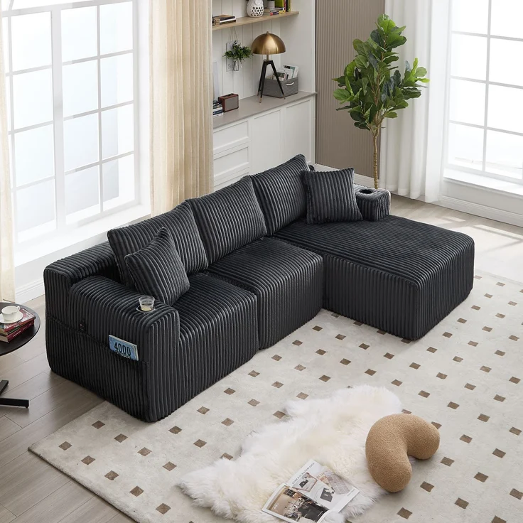 Modulares Sofa Set mit Chaiselongue & 2-Sitzer in Grau, weicher Cordbezug, 5 Kissen & Getränkehalter – Bild 5