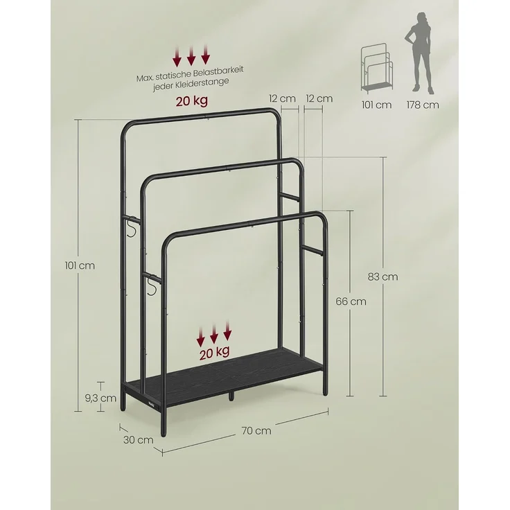 VASAGLE Handtuchhalter, stehend, Handtuchständer 3 Stangen, 70 x 30 x 100 cm, 2 Haken, Ablage, für Decke, Badetücher, tintenschwarz-ebenholzschwarz LLS019B01 – Bild 6
