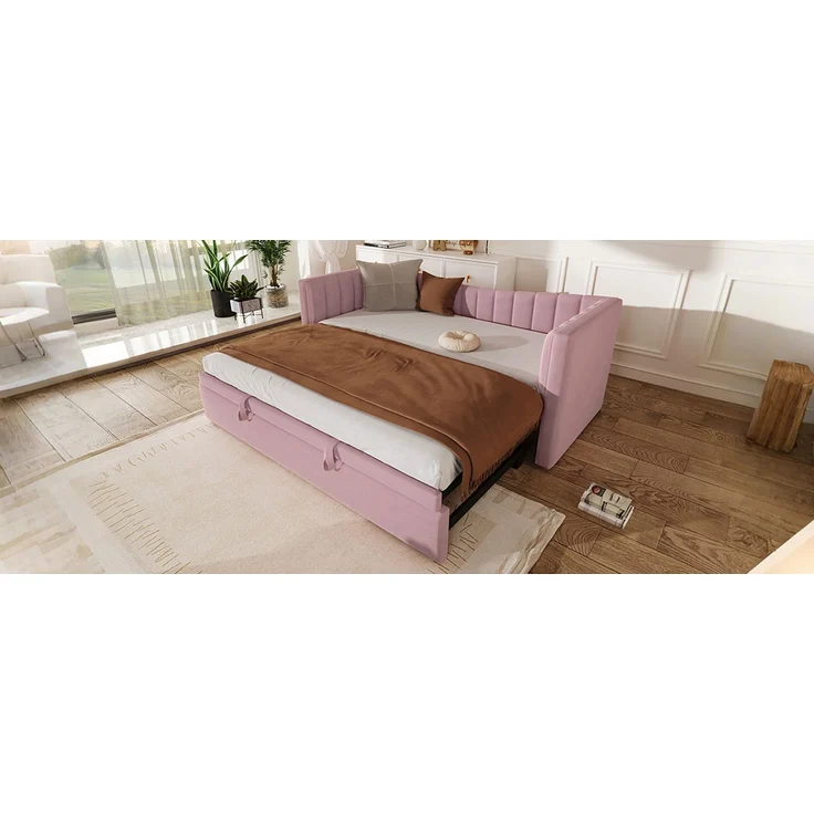 ZUBALIYA Tagesbett 90x200 / 180x200 cm, Bezug aus Samt, Außenmaße 215 x 196,5 x 75 cm, als Schlafplatz für Schlafzimmer und Gästezimmer, Rosa – Bild 14