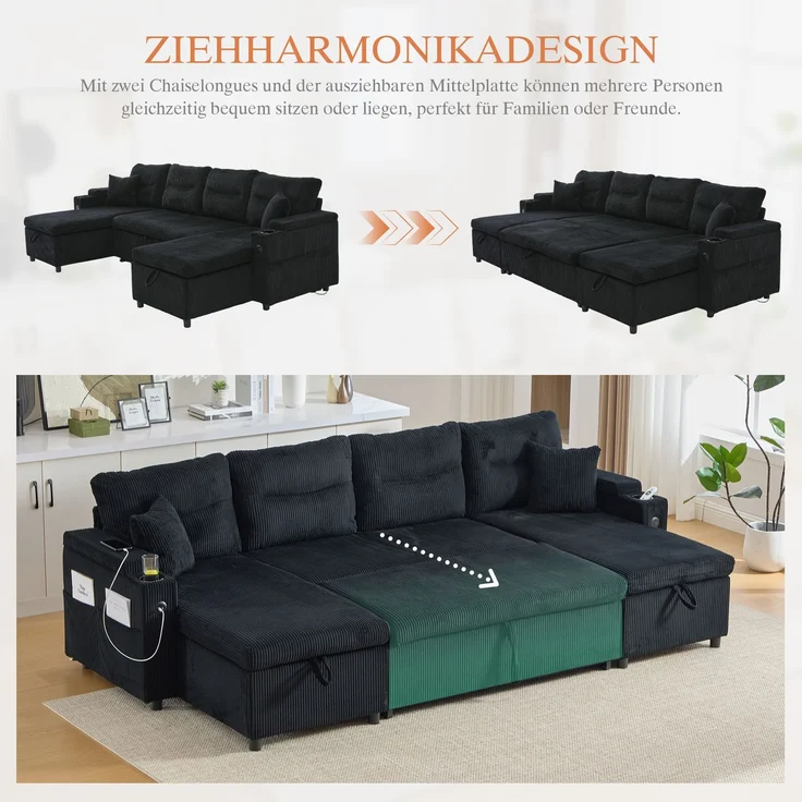 Flieks 4-Sitzer Schlafsofa aus Samt, mit beidseitigen Chaiselongues, Stauraum, Seitentasche, Getränkehaltern und USB-Anschlüssen, Schwarz – Bild 2