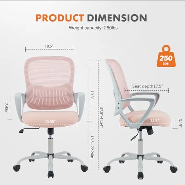 Sweetcrispy Bürostuhl Ergonomisch, Schreibtischstuhl mit Lendenwirbelstütze, Höhenverstellbarkeit Stuhl, Bürostühle mit Armlehne, Office Chair Geeignet für Büro Schlafzimmer, Rosa – Bild 4