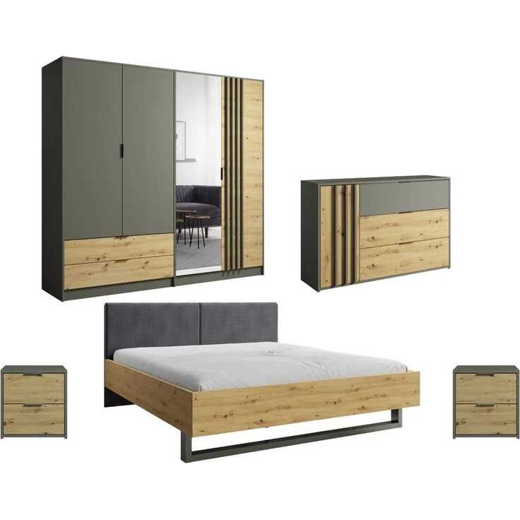 Deine Möbel 24 Schlafzimmer-Set RON A – modernes Komplett-Schlafzimmer in Artisan Eiche / Graphit, (Set, 5-tlg, ideal für Ihr Schlafzimmer, Bett 160x200 / 180x200), inkl. Kleiderschrank, Doppelbett, Kommode & 2 Nachttische – Bild 1