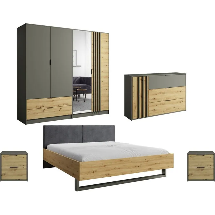Deine Möbel 24 Schlafzimmer-Set RON A – modernes Komplett-Schlafzimmer in Artisan Eiche / Graphit, (Set, 5-tlg, ideal für Ihr Schlafzimmer, Bett 160x200 / 180x200), inkl. Kleiderschrank, Doppelbett, Kommode & 2 Nachttische