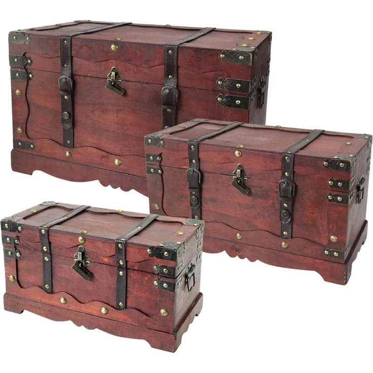 HMF Schatzkiste Schatztruhe Frankreich aus Holz mit dekorativem Metallschloss (3er Set), handgefertigte Holztruhe, verschiedene Größen – Bild 1