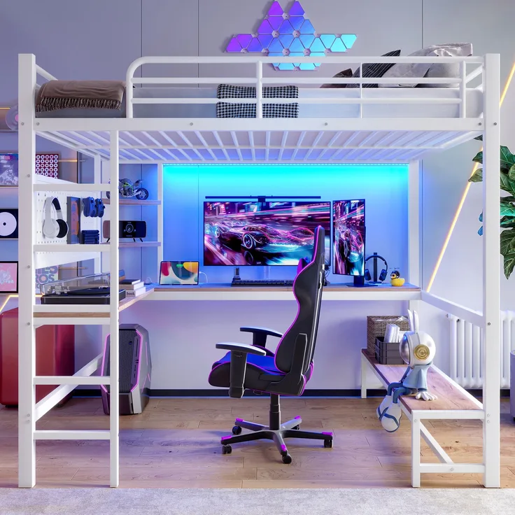 Hochbett 140x200 cm mit Schreibtisch, LED, USB-C, Lochbrett & Regalen in Weiß, ohne Matratze
