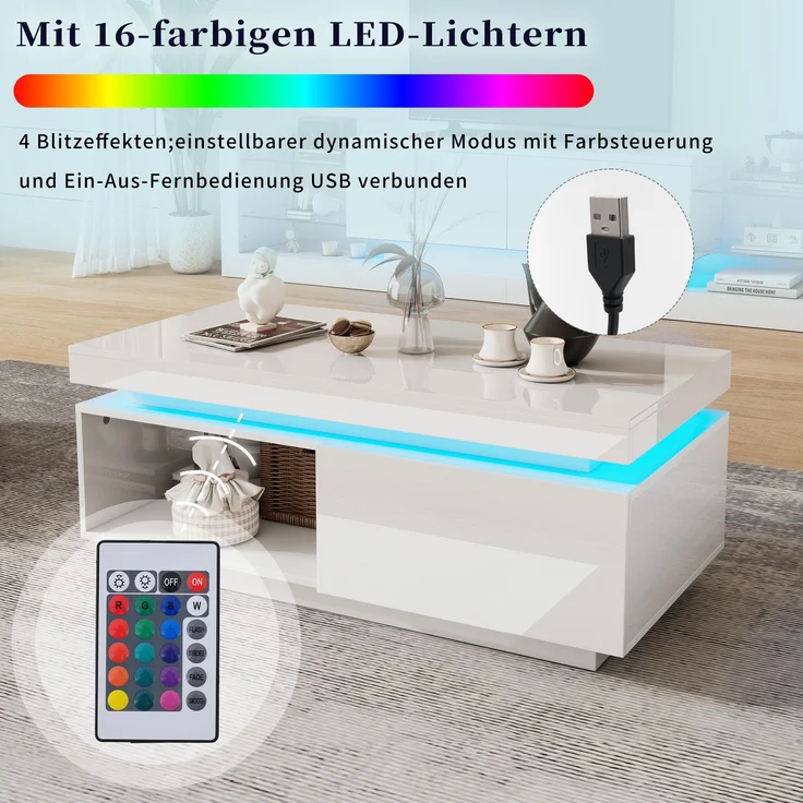 Couchtisch 100x50x40,3 cm mit LED-Beleuchtung und Schublade in Hochglanz-Weiß – Bild 7