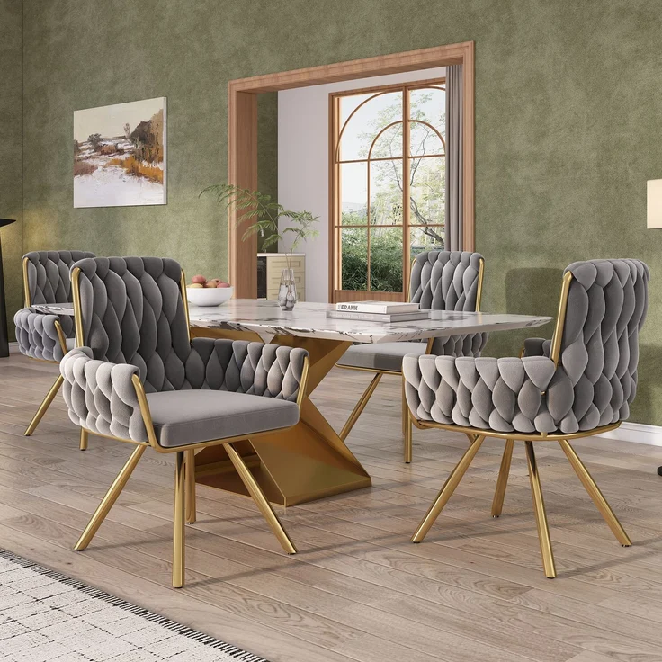 Merax Samt-Esszimmerstuhl, 4er set, Sessel, einzelner luxuriöser Wohn- und Schlafzimmer-Drehstuhl, Freizeit-Drehstuhl mit vier Stützbeinen aus Metall, grau – Bild 2