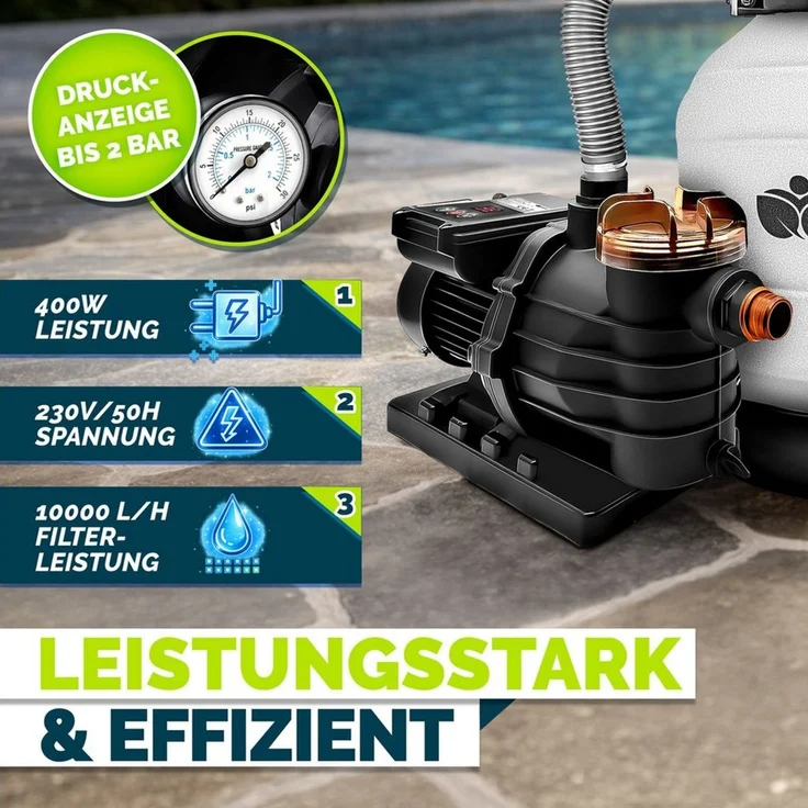 tillvex Sandfilteranlage 10 m³/h Filteranlage + 800g Filterbälle 7-Wege Ventil Poolfilter, Filterkessel mit Druckanzeige Sandfilter für Pool und Schwimmbecken – Bild 4