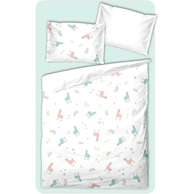 soma Babybettwäsche Perkal Baby Wende Bettwäsche 100x135 Alpaka Lama Regenbogen weiß bunt, Perkal, 2 teilig, Babybettwäsche +Spannbettlaken Baumwolle winter weihnachtsbettwäsche – Bild 1