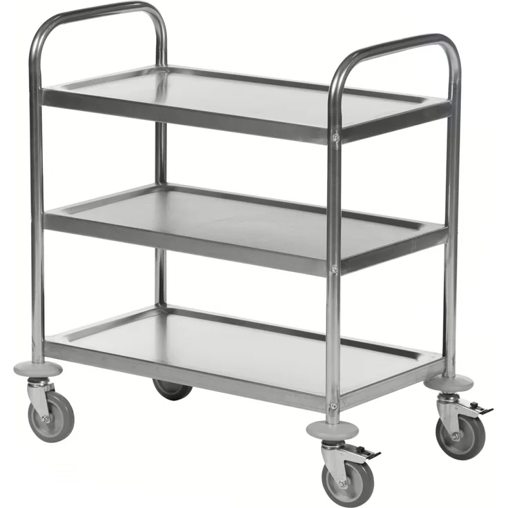 Kongamek Edelstahl- Tischwagen rostfrei mit 3 Böden 825x500mm mit Polyurethanbereifung und Bremse
