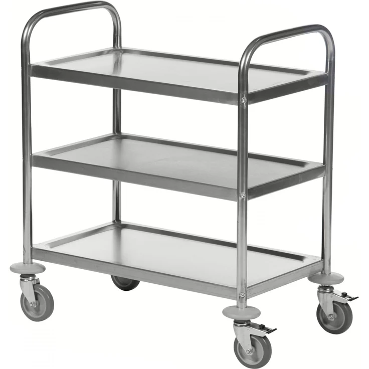 Kongamek Edelstahl- Tischwagen rostfrei mit 3 Böden 825x500mm mit Polyurethanbereifung und Bremse
