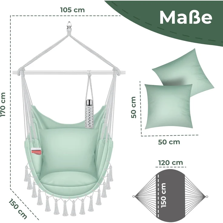 KESSER® Hängesessel mit 2 Kissen Getränkehalter & Bücherfach - Safari XXL Hängestuhl für Erwachsene & Kinder Hängematte bis 150 kg Hängesitz Aufhängung Indoor & Outdoor Wohn & Garten Terrasse Grün / Weiß – Bild 7