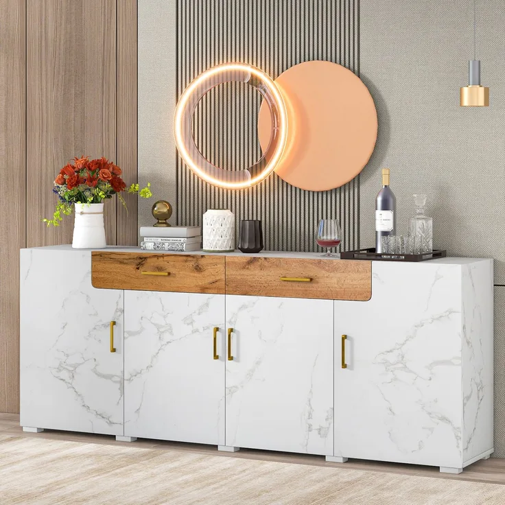 Sideboard weiß marmoriert mit Eiche-Front, modernes TV-Sideboard, Wohnzimmer-Kommode mit 2 Schubladen und 4 Türen