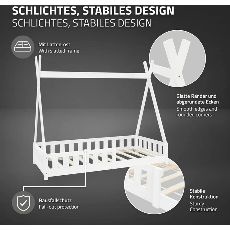 ML-DESIGN Spielbett Hausbett Tipi Zeltbett inkl. Lattenrost Bodenbett Kinder Himmelbett, Abenteuerbett mit Rausfallschutz Zelt Bett Kiefer Weiß Kinderhaus – Bild 4