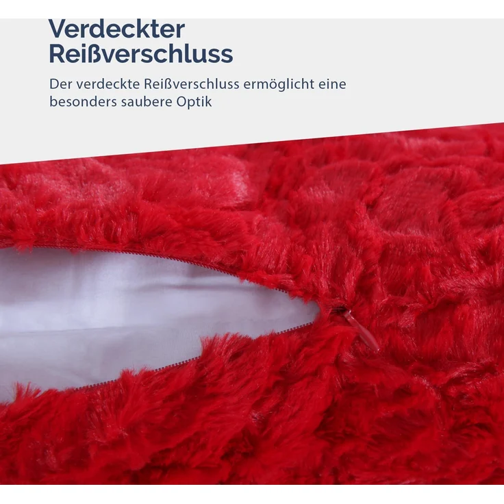 Flauschiges Dekokissen 40x40 mit Reißverschluss, ( Rot ) Kissenbezug inkl. Kissen mit Rosenmuster, Dekorative Kissenbezüge, weicher Bezug – Bild 3