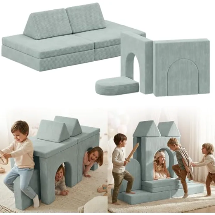 Bellabino 'Nile' Spielsofa mit Toren, 8-tlg, Cord, türkis, faltbare Kindercouch, abnehmbarer & waschbarer Bezug, Kindersofa aus Schaumstoff