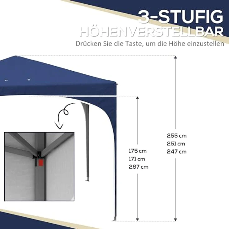 Outsunny Faltpavillon 2,95 x 2,95 m mit UV-Schutz, höhenverstellbar, Tragetasche und Sandsack, Blau – Bild 4