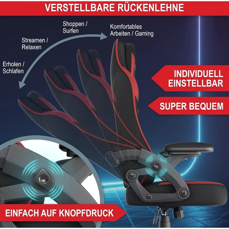 Onbest Gaming-Stuhl ergonomisch mit Lordosenkissen bis 150kg, 360°, verstellbare Armlehnen Kopfstütze Rückenlehne – Bild 4