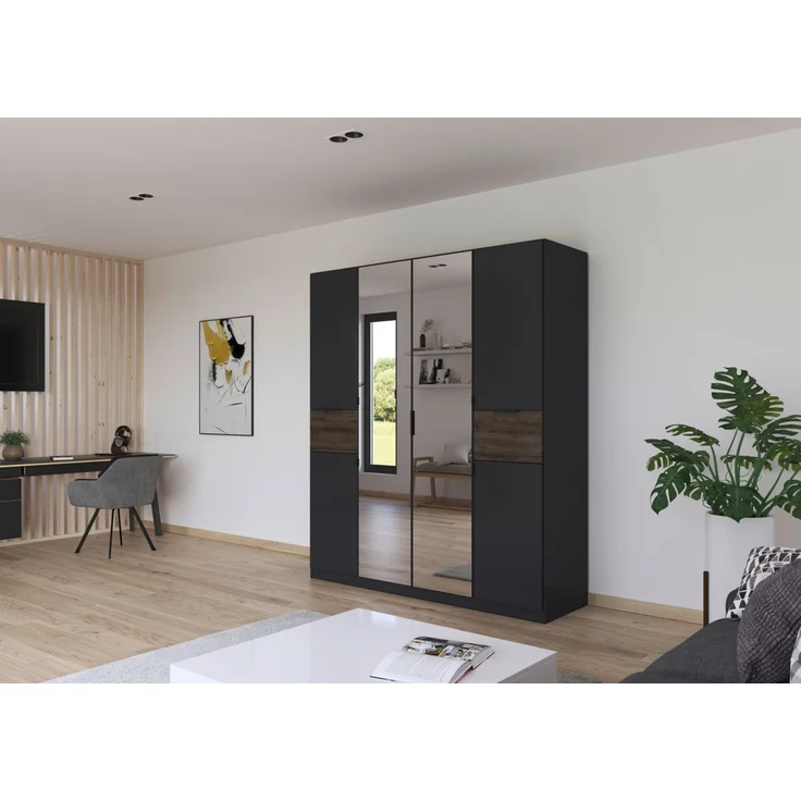 rauch Kleiderschrank, Drehtürenschrank TICAO, 6-türig, 2 Spiegeltüren, 2 Schubkästen, inkl. Türdämpferset, Grau metallic/Atlantik Oak dunkel, 181 x 210 x 54 cm – Bild 1